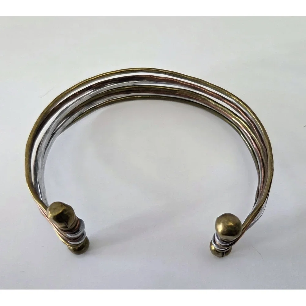Tri Color 7 Band‎ Hammered Metal Cuff Bracelet Brass Silver Copper Tones Unisex